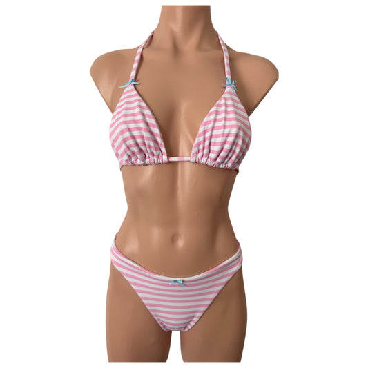 Swimwear set pink stripe print triangle top with bottom