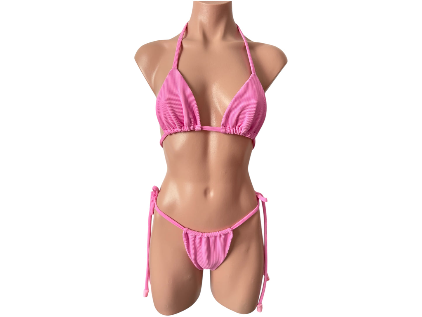 Swimsuit tree pieces pink trendy color short top triangle top cheeky bikini bottom