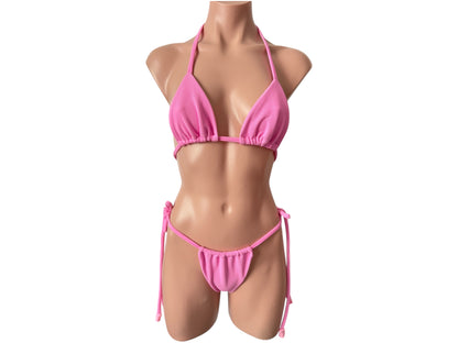 Swimsuit tree pieces pink trendy color short top triangle top cheeky bikini bottom