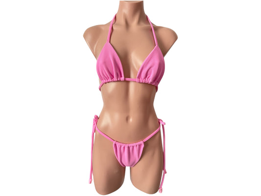 Swimsuit tree pieces pink trendy color short top triangle top cheeky bikini bottom
