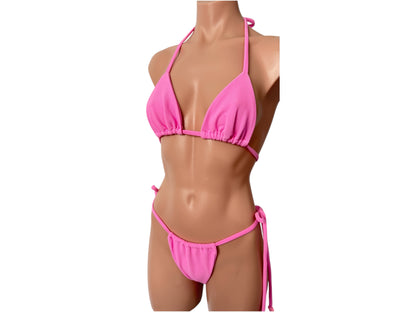 Swimsuit tree pieces pink trendy color short top triangle top cheeky bikini bottom