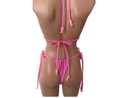 Swimsuit tree pieces pink trendy color short top triangle top cheeky bikini bottom