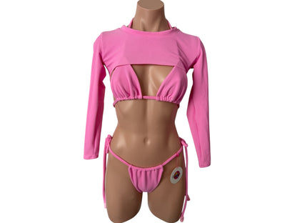 Swimsuit tree pieces pink trendy color short top triangle top cheeky bikini bottom