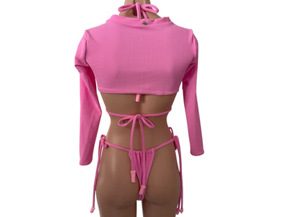 Swimsuit tree pieces pink trendy color short top triangle top cheeky bikini bottom