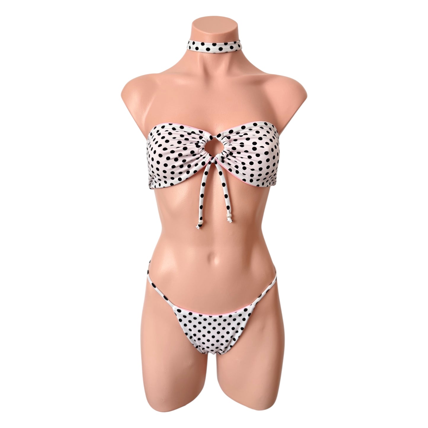 Swimwear polkadot tree pieces set strapless top with cheeky bikini and neck accessory