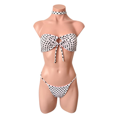 Swimwear polkadot tree pieces set strapless top with cheeky bikini and neck accessory
