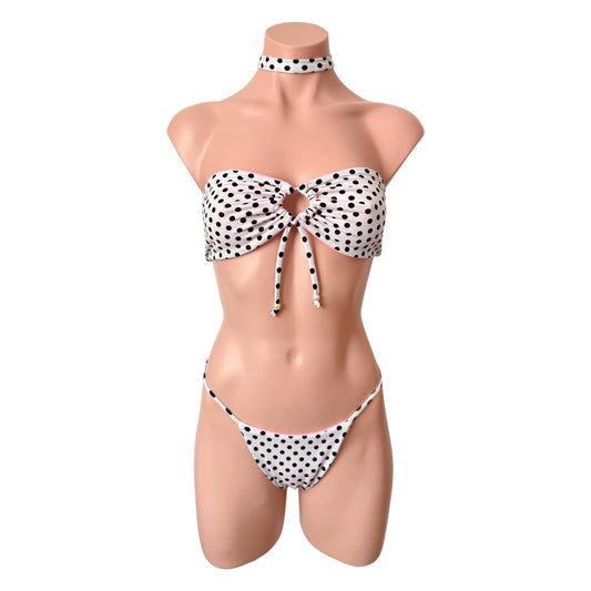 Swimwear polkadot tree pieces set strapless top with cheeky bikini and neck accessory