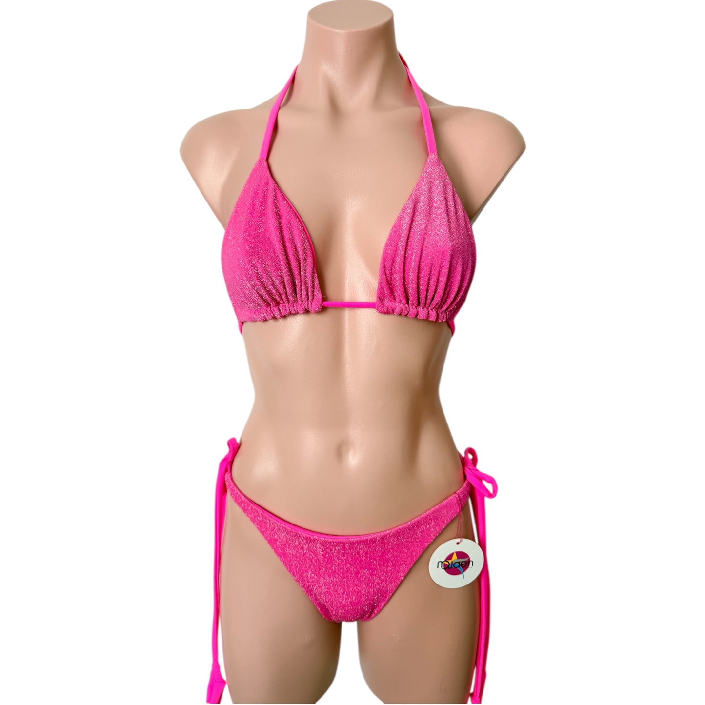 swimsuit hot  pink shine set triangle top with cheeky bikini