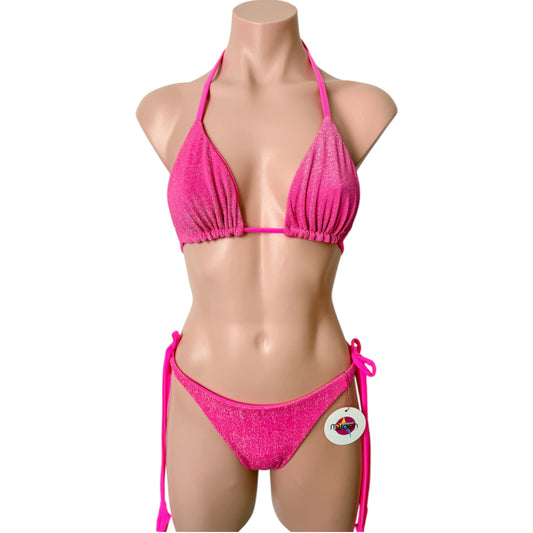 swimsuit hot  pink shine set triangle top with cheeky bikini
