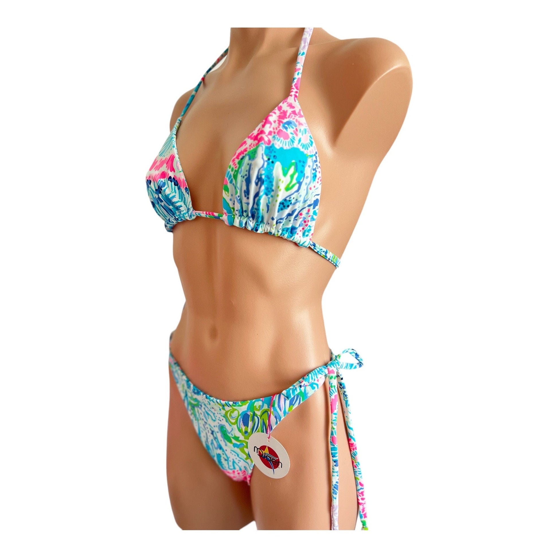 Swimwear colorful set / cheeky bikini bottom swimsuit triangle top with cheeky bikini