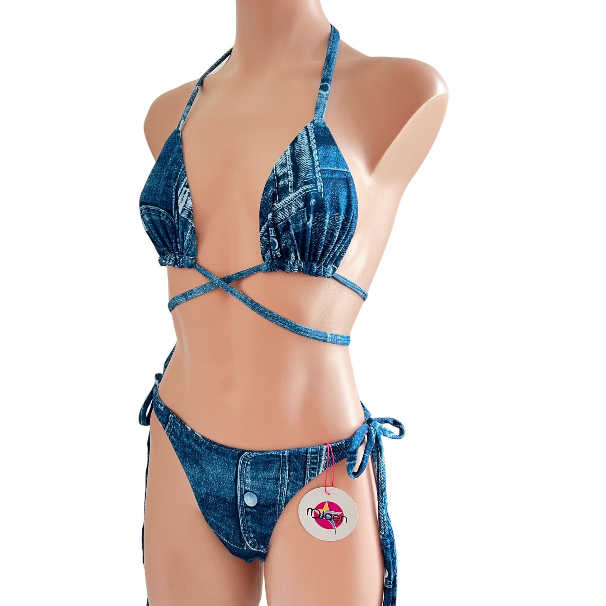 Denim print Swimwear fashion bikini set top with cheeky bottom / cheeky bikini bottom denim swimsuit
