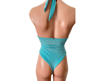 One piece swimwear shine blue color cheeky bikini / Elegant and sexy swimwear one piece