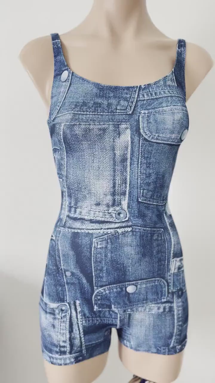 Romper Versatile fashion Denim print  /Active short romper jumpsuit